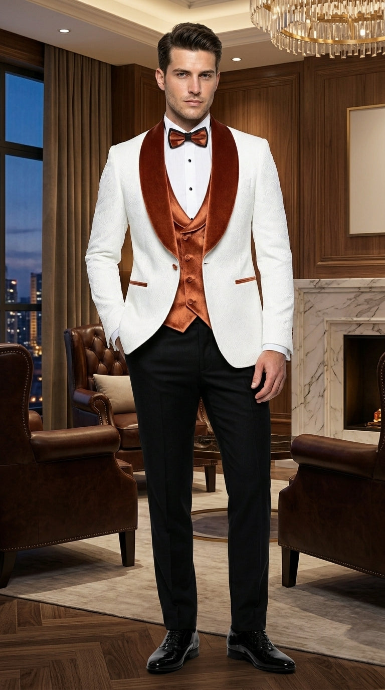 Men’s White Paisley Tuxedo with Burnt Orange Velvet Shawl Lapel, Formal Wedding Prom Dinner Suit - Orange and White