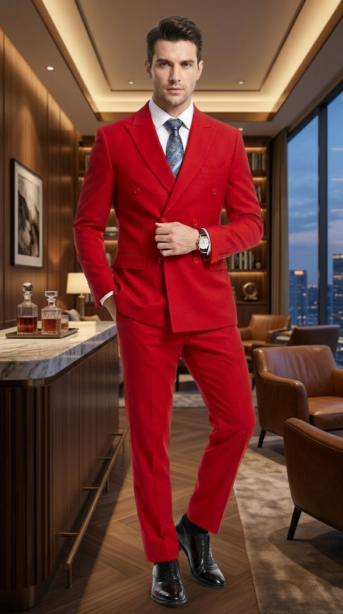 Men’s Red Double Breasted Poplin Suit, Classic Formal Wedding Church Business Suit Set