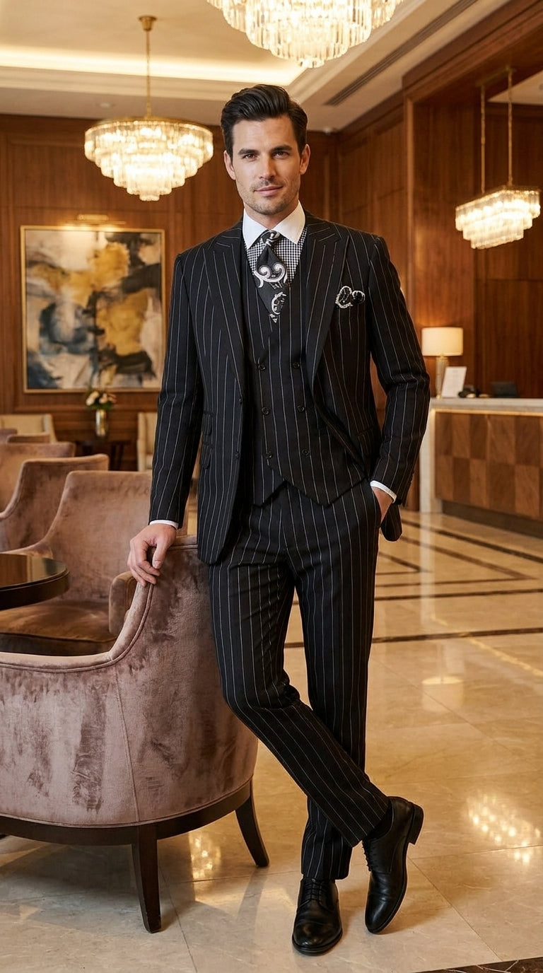 Royal Diamond Men’s Black Pinstripe 3-Piece Suit – Classic Wedding, Business and Formal Suit with Vest - 38 Short Jacket+32 Waist Adjustable 28to34)(Height: 5 4 to5 7 )(Neck  15-16.5)S-M)