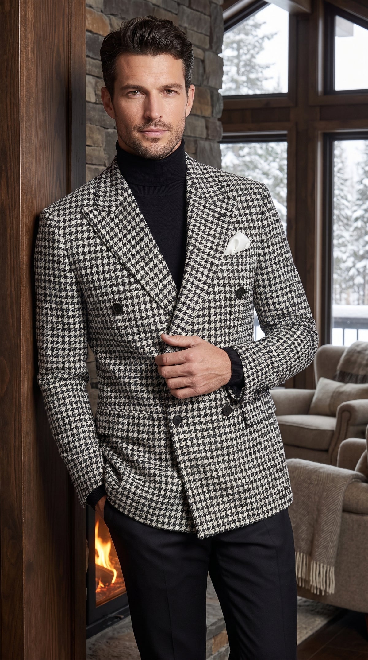 Men’s Black and White Houndstooth Blazer, 100% Wool Modern Fit Sport Coat
