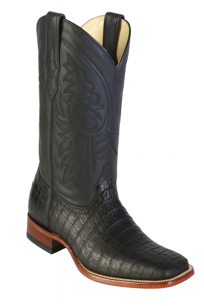 Los Altos Boots Men's Black Caiman Belly Wide Square Toe Boots-New Designer Collection