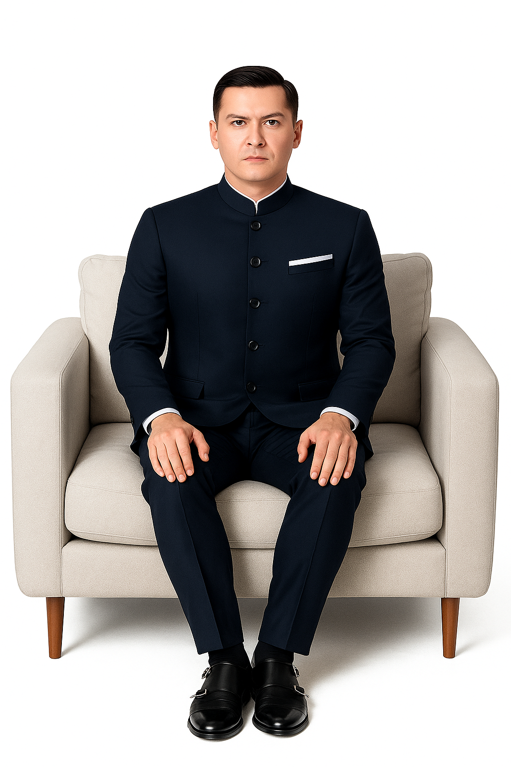 Mandarin Suit - Navy Blue Color Banded Collar Suit - Chines Collar in Color Dark Blue - Coat Size 38