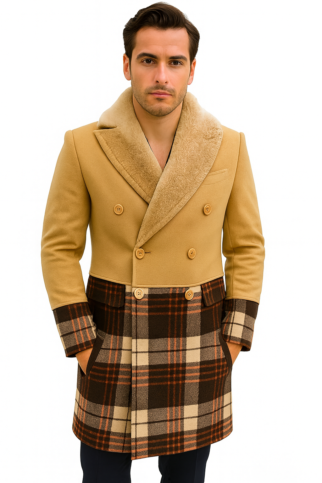Mens Wool Plaid Peacoat - Plaid Pattern Wool camel-tan Coat - Coat Size 38