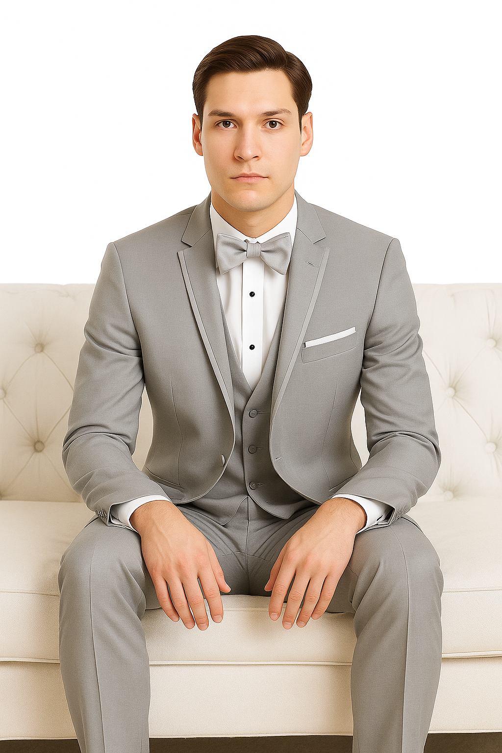 Mens Designer Marseille One Button Satin Trimmed Peak Tuxedo Light Grey - 38 Short Jacket+32 Waist Adjustable 28to34)(Height: 5 4 to5 7 )(Neck  15-16.5)S-M)