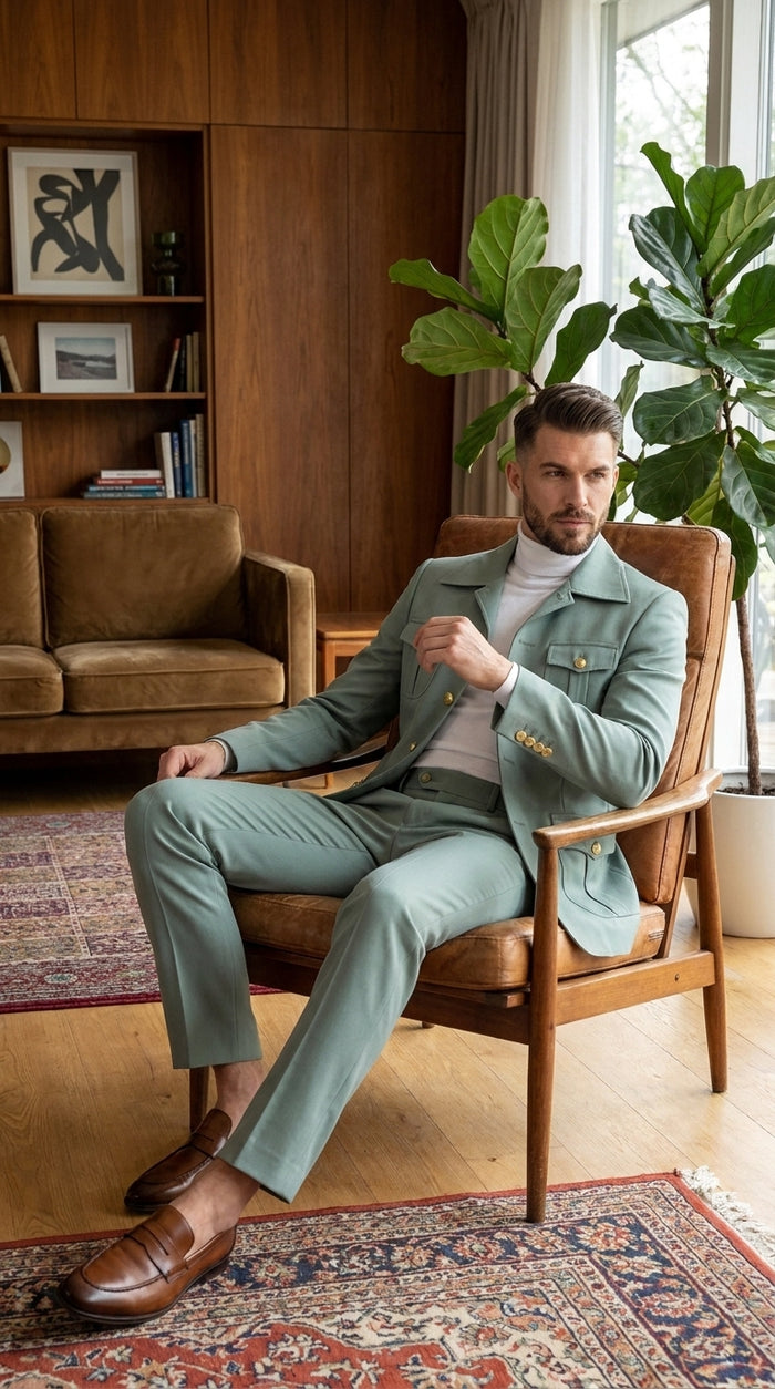 Men’s Olive Green Safari Suit Set, Utility Jacket and Adjustable Waist Pants Casual Outfit