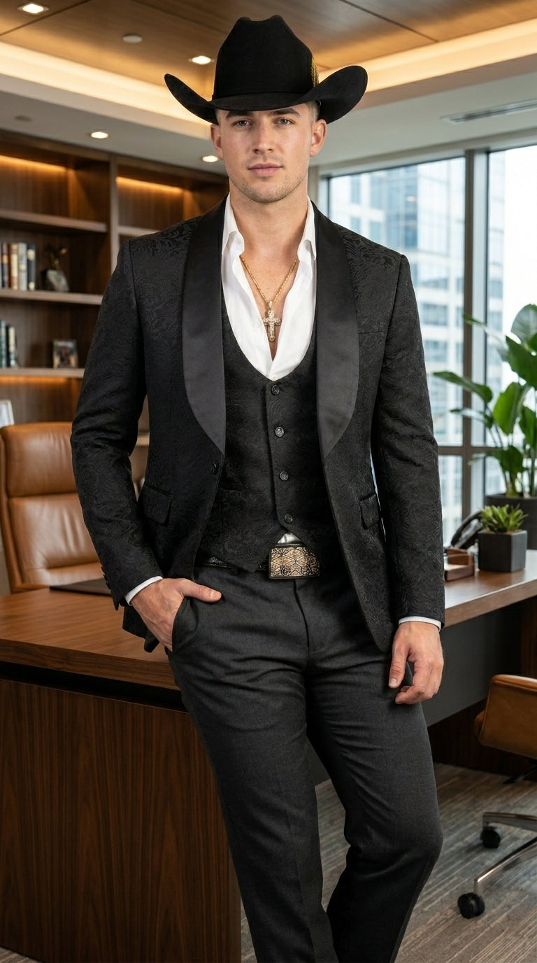 Men’s Black Paisley Jacquard Western Formal Blazer with Satin Shawl Lapel, Designer Jacket