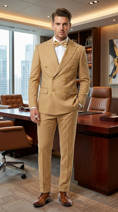 Rossiman Men’s Mustard Yellow Double Breasted Suit, Designer Fashion Dress Suit for Weddings, Prom, Parties, and Special Occasions