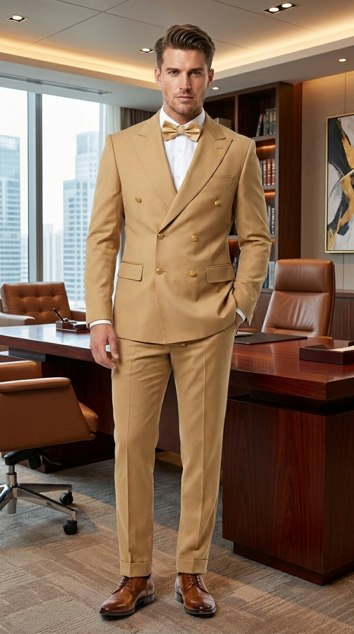 Rossiman Men’s Mustard Yellow Double Breasted Suit, Designer Fashion Dress Suit for Weddings, Prom, Parties, and Special Occasions