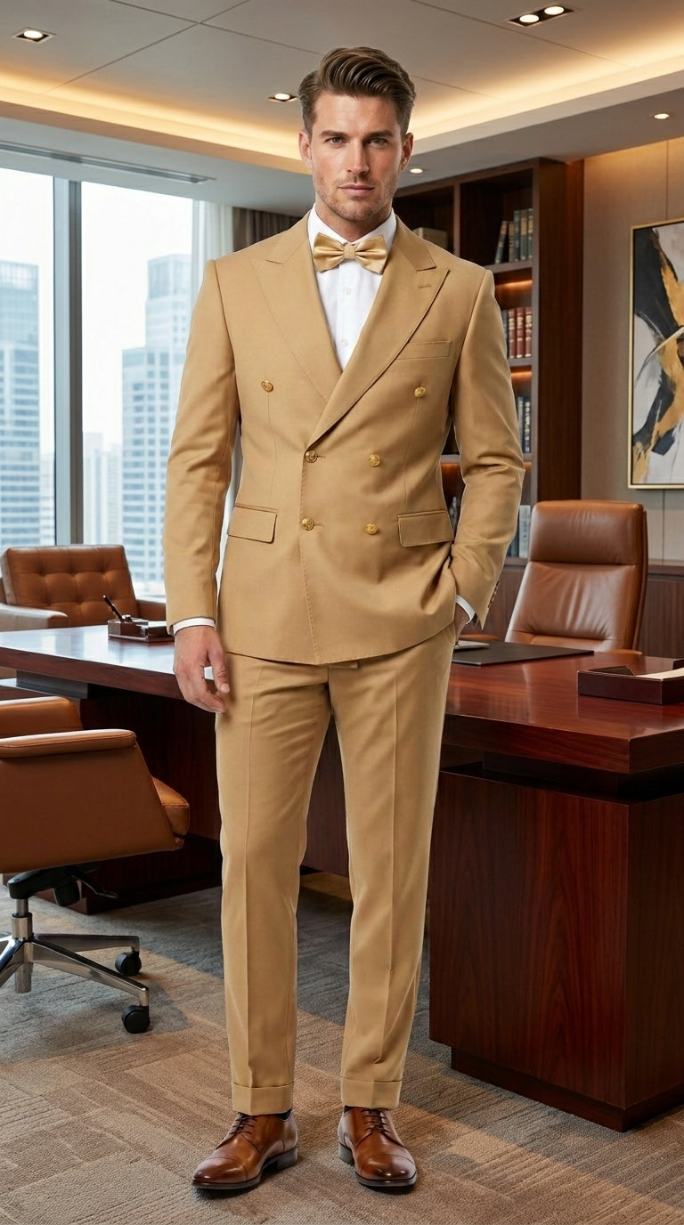 Rossiman Men’s Mustard Yellow Double Breasted Suit, Designer Fashion Dress Suit for Weddings, Prom, Parties, and Special Occasions