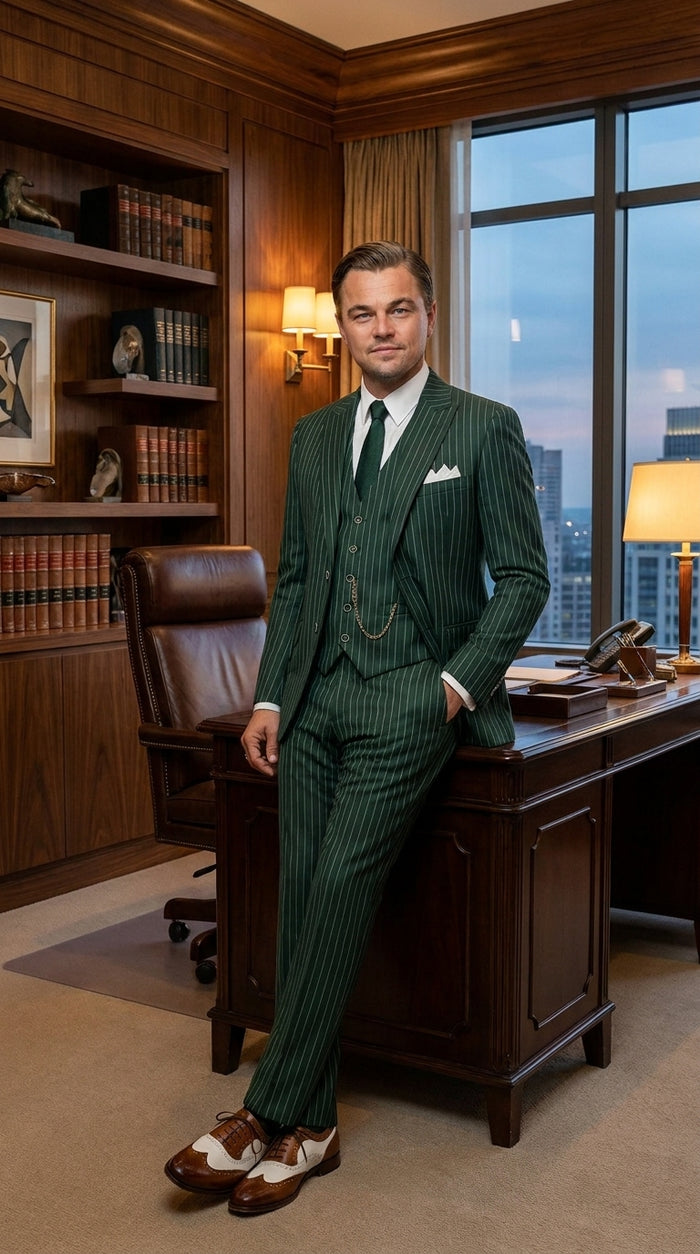 Men’s Hunter Green Pinstripe 1920s Gangster 3 Piece Suit, Great Gatsby Formal Outfit for Weddings, Prom, Parties, and Theme Events
