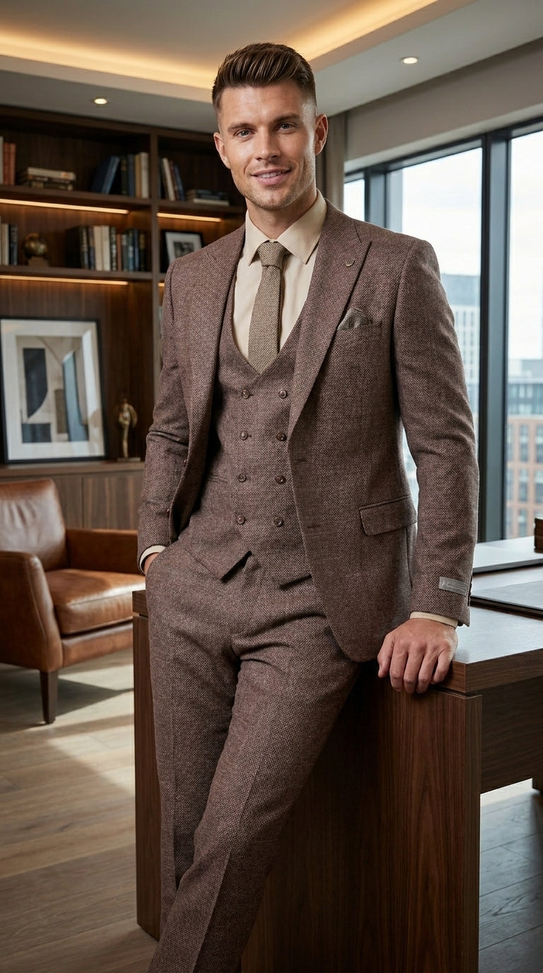 Stacy Adams Men’s Brown Textured Windowpane 3 Piece Hybrid Fit Suit, Black and Orange Check Formal Dress Suit for Weddings, Prom, Business Events, and Parties