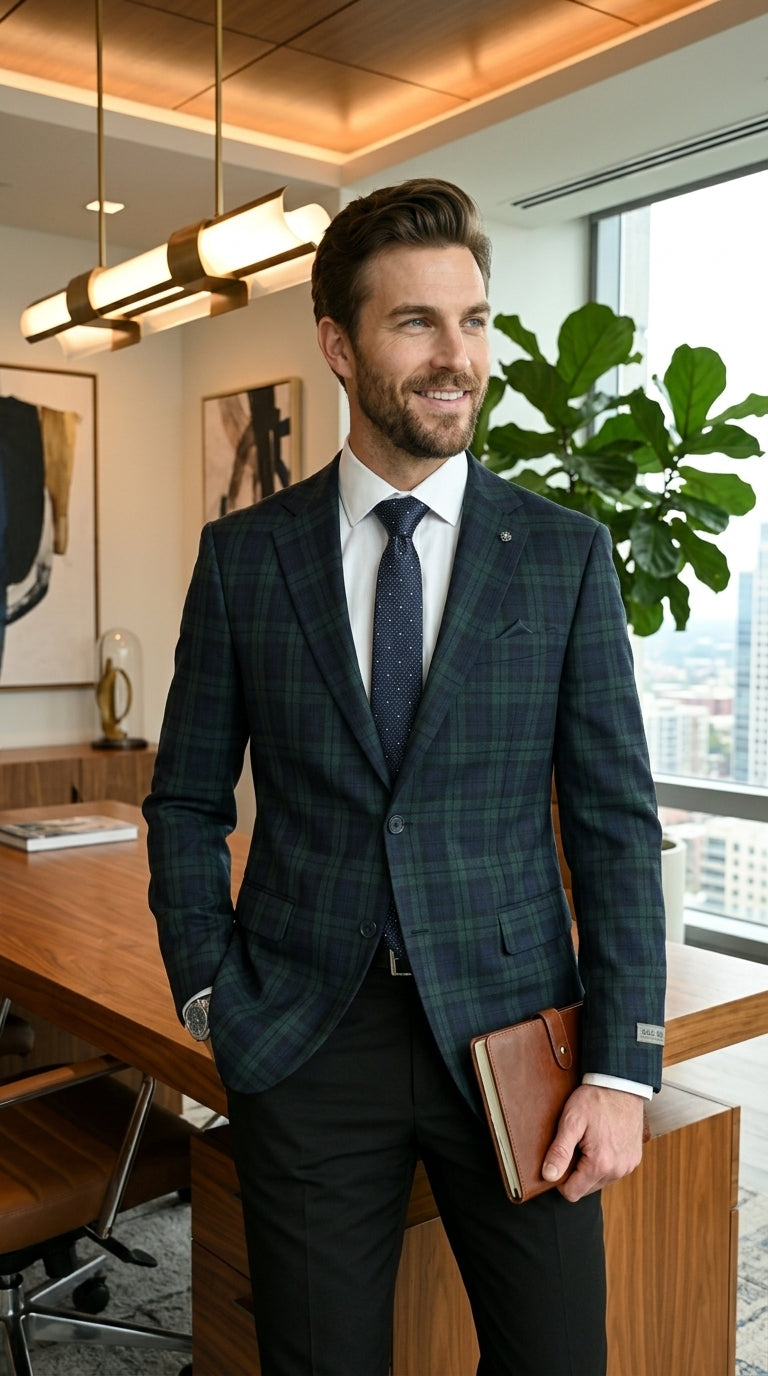 Stacy Adams Men’s Glen Plaid Hybrid Fit Sport Coat, Business Casual Blazer in Navy, Burgundy and Blue