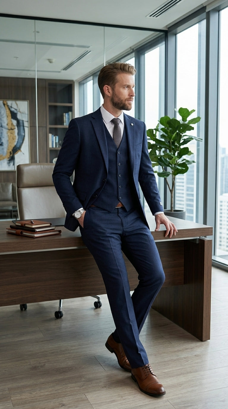 Stacy Adams Men’s 3 Piece Glen Check Hybrid Fit Suit, Formal Wedding Business Suit in Navy, Gray and Brown