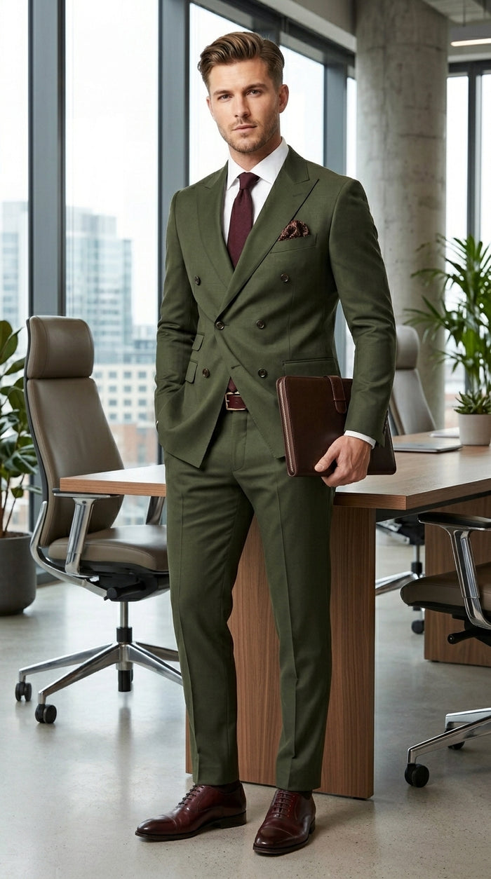 Men’s Dark Green Double Breasted Suit, Classic Formal Wedding Business Dress Suit