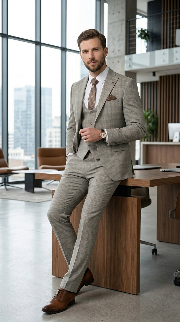 Men’s Khaki Glen Plaid Stacy Adams 3 Piece Suit, Two Button Peak Lapel Formal Wedding Suit Set