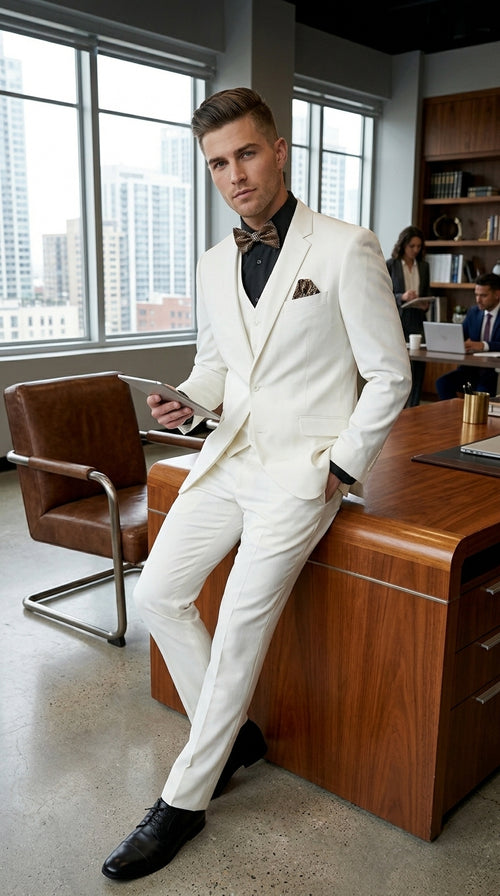 Men’s Off White 100% Wool Vested Suit, Solid Formal Wedding Prom 3 Piece Suit Set