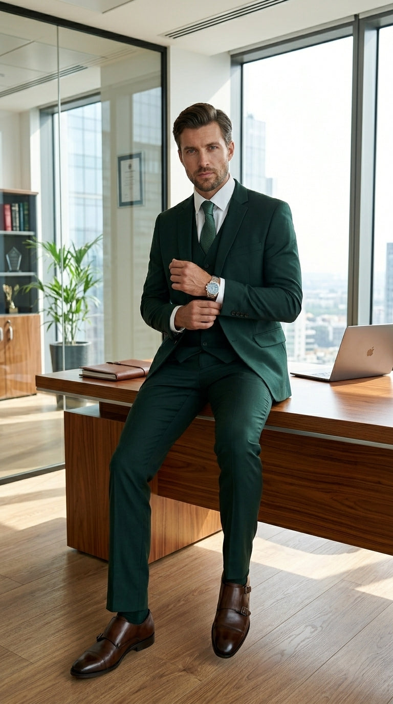 Men’s Hunter Green Vested Suit, Statement Formal Wedding Prom 3 Piece Suit Set