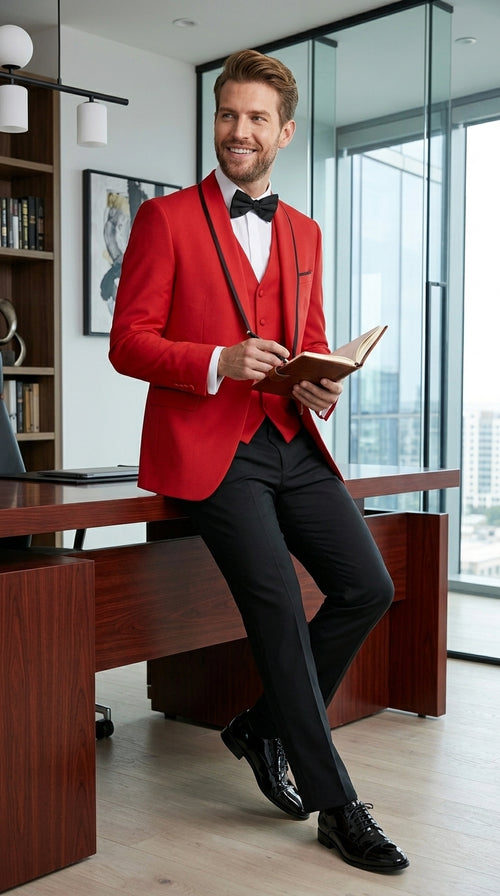 Statement Men’s Red 100% Wool Vested Tuxedo with Black Trim Fine Lapel, Wedding Prom Formal Suit Set