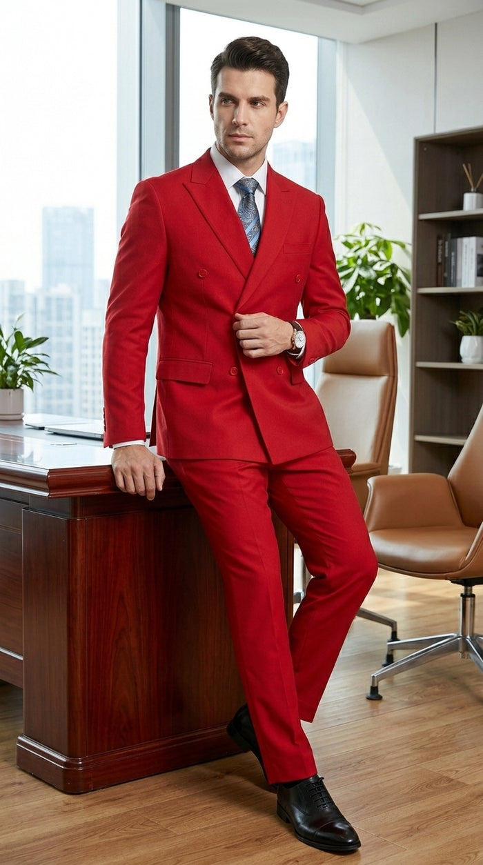 Men’s Red Double Breasted Poplin Suit, Classic Formal Wedding Church Business Suit Set