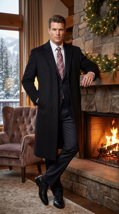 Men’s Black Wool and Cashmere Full Length Overcoat, Luxury Formal Dress Coat