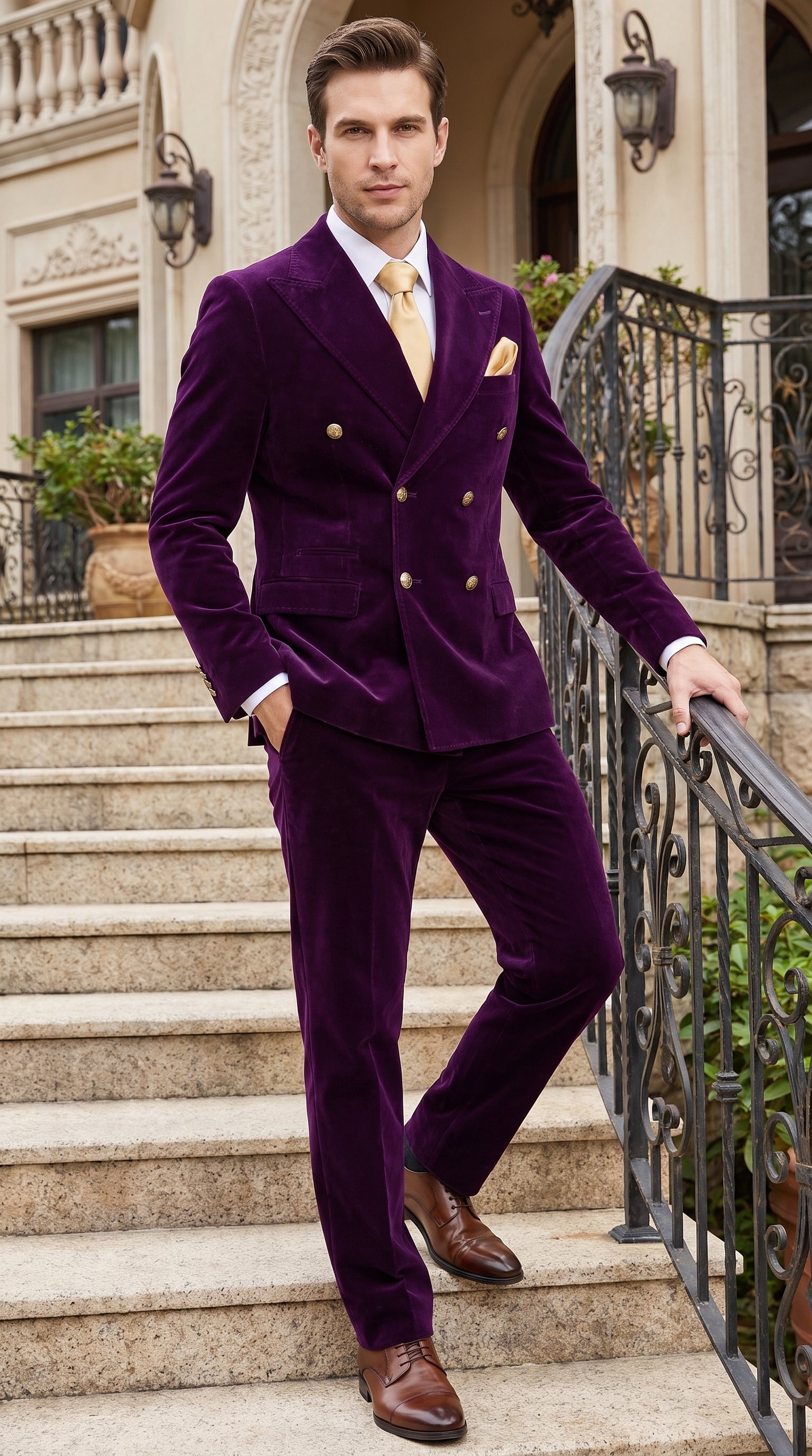 Men’s Rossi Man Zeus Purple Velvet Double Breasted Tuxedo Suit, Formal Wedding Prom Dinner Suit Set - 34 Short or Extra Small