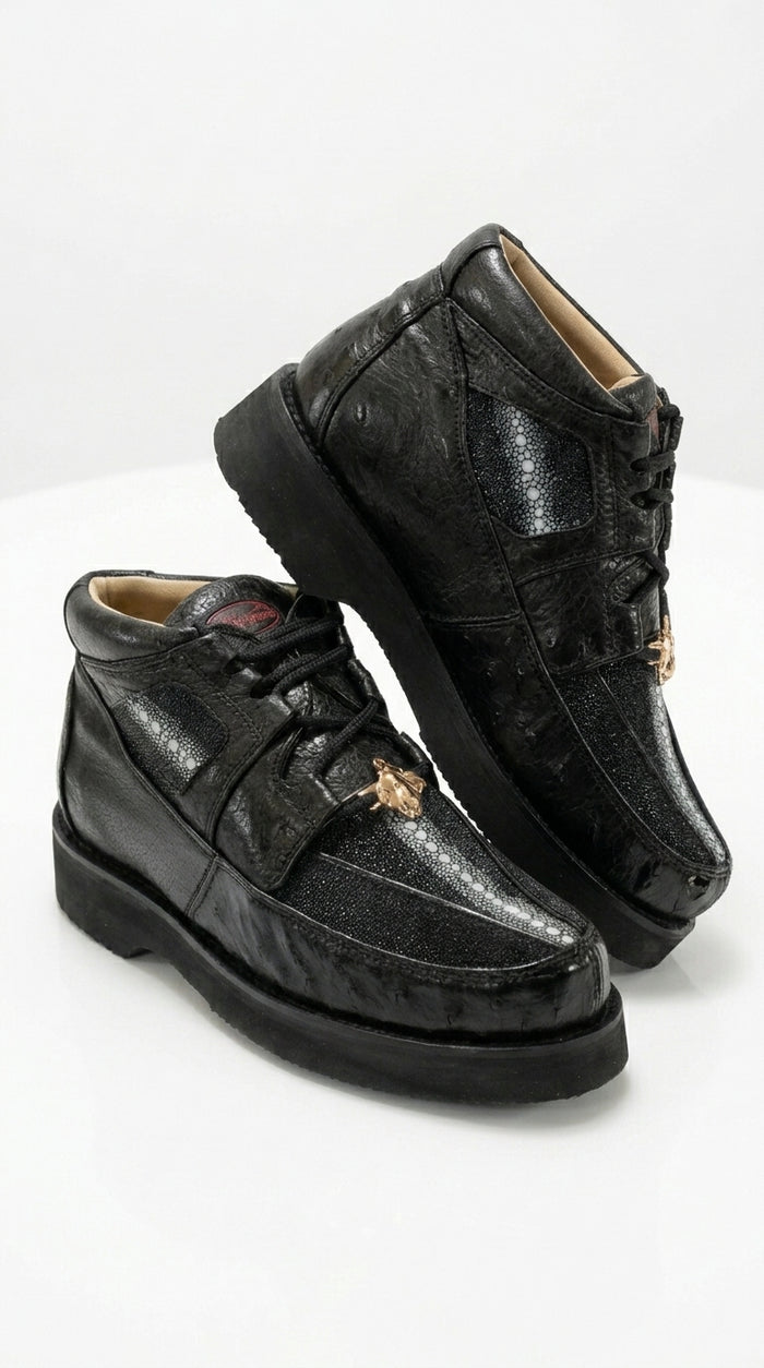 Los Altos Men’s Black Stingray and Ostrich Skin Casual Shoes, Exotic Lace Up Ankle Dress Shoes