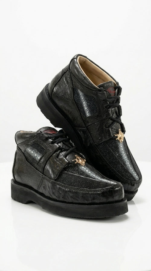 Los Altos Men’s Black Stingray and Ostrich Skin Casual Shoes, Exotic Lace Up Ankle Dress Shoes