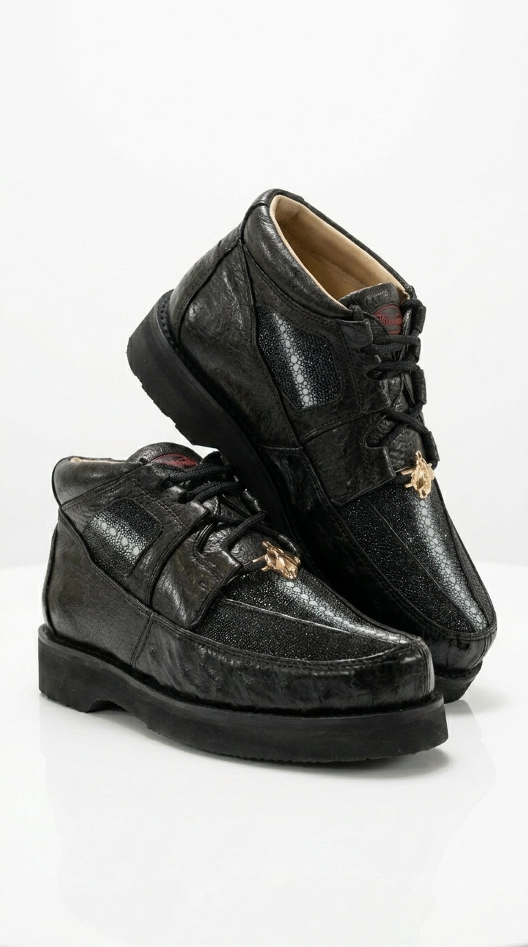 Los Altos Men’s Black Stingray and Ostrich Skin Casual Shoes, Exotic Lace Up Ankle Dress Shoes - 8