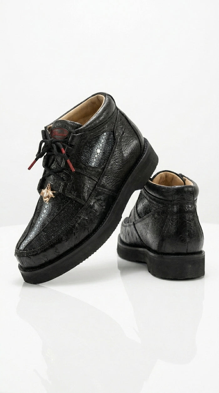 Los Altos Men’s Black Stingray and Ostrich Skin Casual Shoes, Exotic Lace Up Ankle Dress Shoes