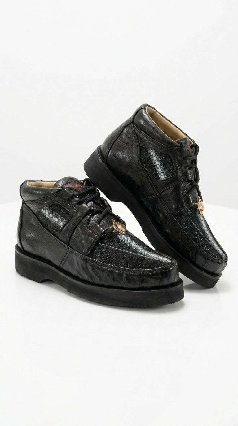 Los Altos Men’s Black Stingray and Ostrich Skin Casual Shoes, Exotic Lace Up Ankle Dress Shoes