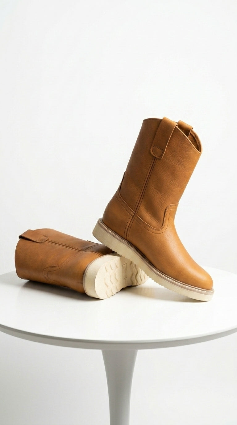 Los Altos Men’s Leather Work Boots with Vibran Sole, Pull On Work Boots in Burgundy, Brown, Black, Butterscotch and Honey