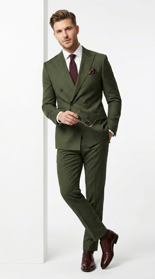 Men’s Dark Green Double Breasted Suit, Classic Formal Wedding Business Dress Suit