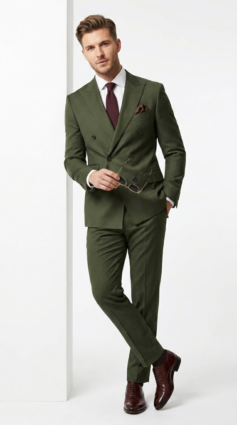 Men’s Dark Green Double Breasted Suit, Classic Formal Wedding Business Dress Suit