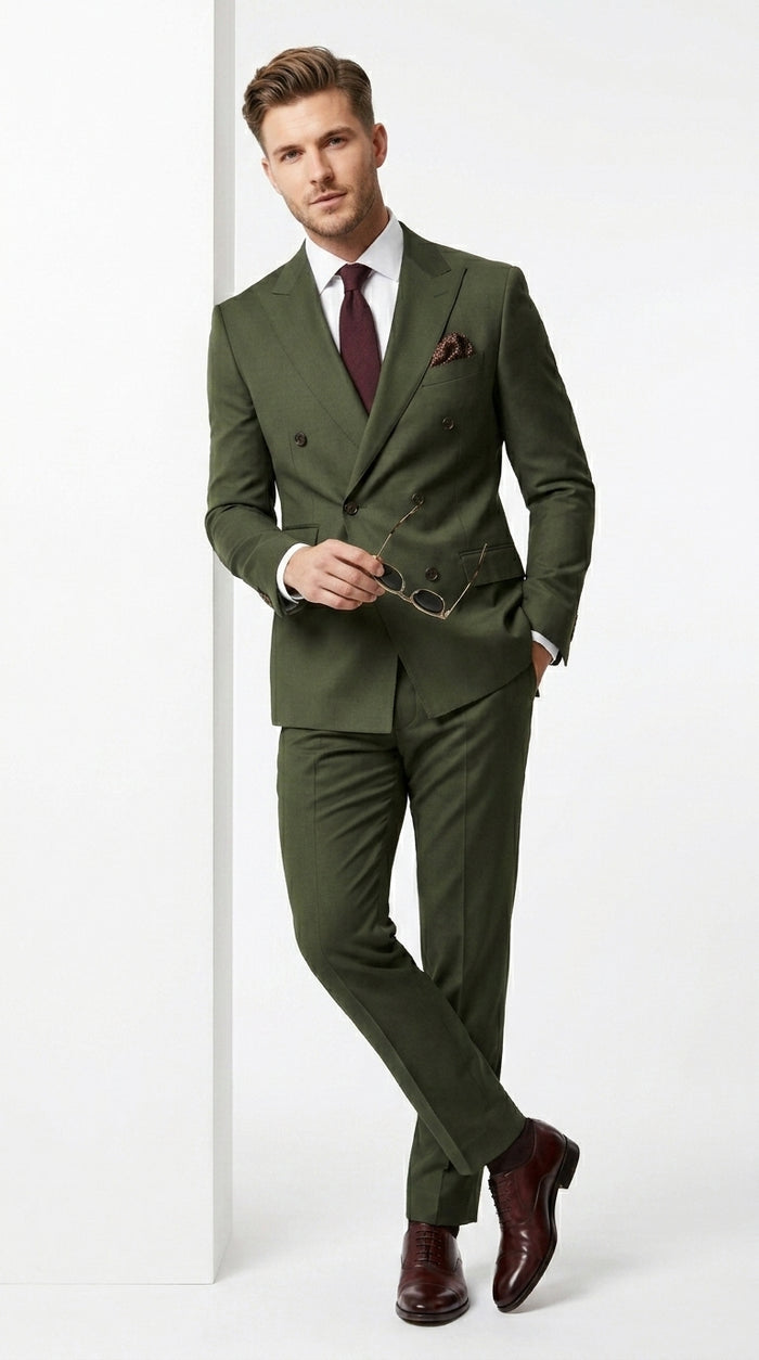 Men’s Dark Green Double Breasted Suit, Classic Formal Wedding Business Dress Suit