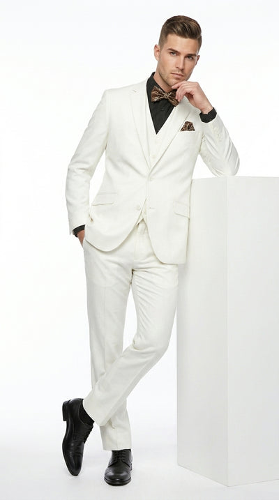 Men’s Off White 100% Wool Vested Suit, Solid Formal Wedding Prom 3 Piece Suit Set