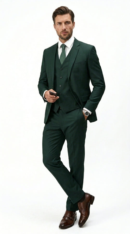 Men’s Hunter Green Vested Suit, Statement Formal Wedding Prom 3 Piece Suit Set