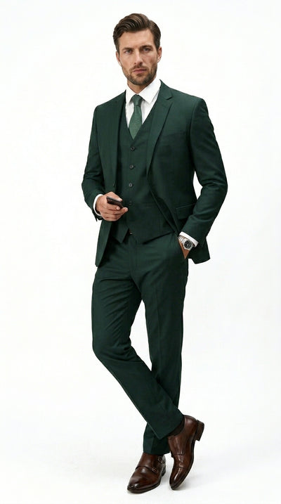 Men’s Hunter Green Vested Suit, Statement Formal Wedding Prom 3 Piece Suit Set