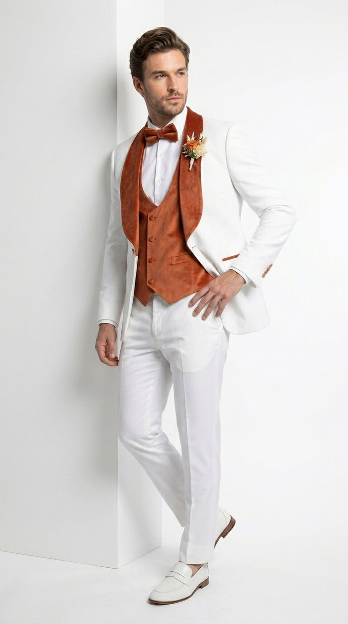 Men’s Cream Wedding Suit with Orange Contrast Shawl Lapel, Vested Groom Formal Suit Set