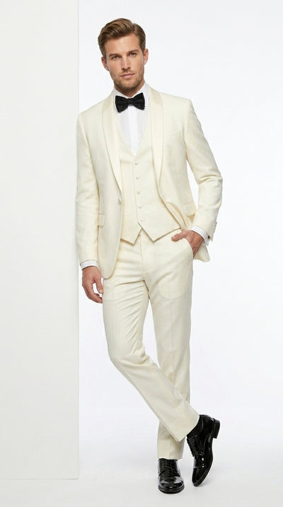 Statement Men’s Off White 100% Wool Vested Tuxedo with White Lapel, Wedding Prom Formal Suit Set