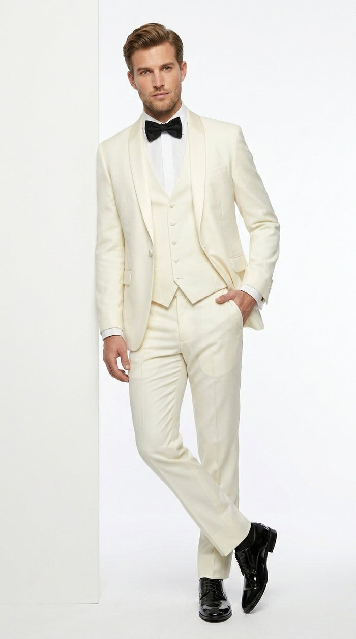 Statement Men’s Off White 100% Wool Vested Tuxedo with White Lapel, Wedding Prom Formal Suit Set