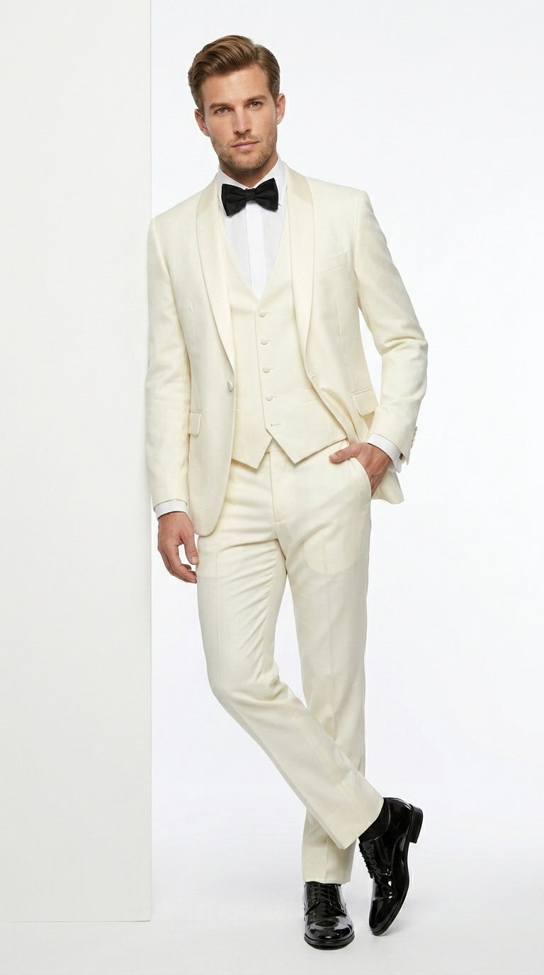 Statement Men’s Off White 100% Wool Vested Tuxedo with White Lapel, Wedding Prom Formal Suit Set