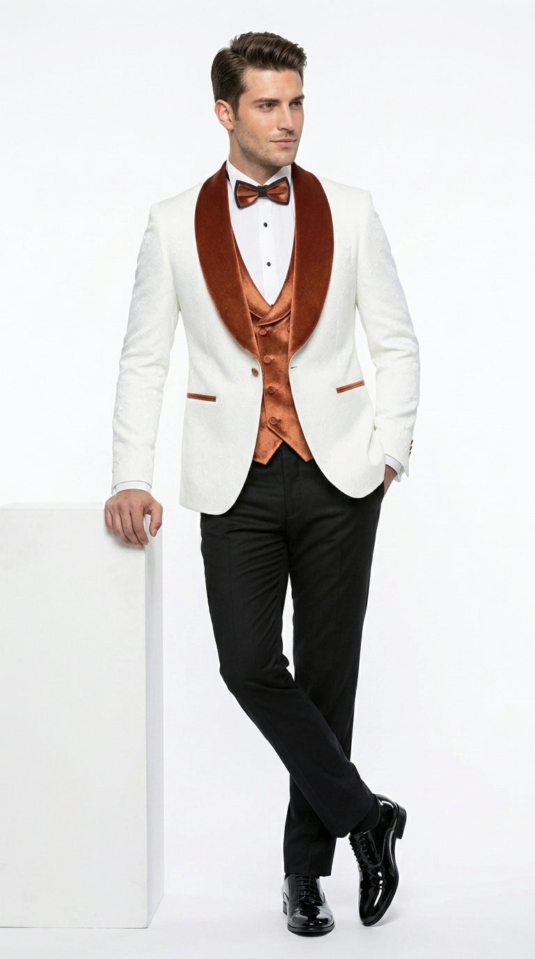 Men’s White Paisley Tuxedo with Burnt Orange Velvet Shawl Lapel, Formal Wedding Prom Dinner Suit - Orange and White