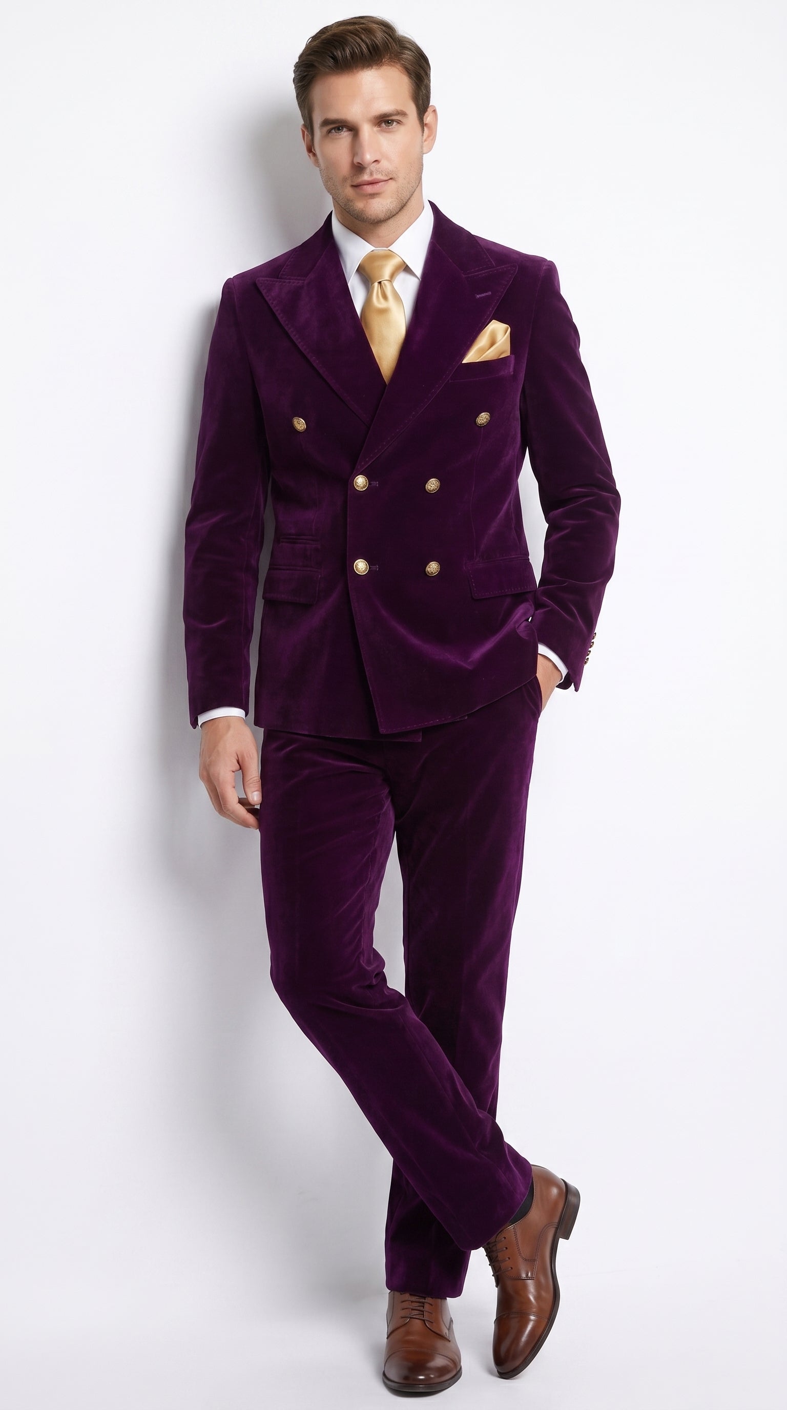 Men’s Rossi Man Zeus Purple Velvet Double Breasted Tuxedo Suit, Formal Wedding Prom Dinner Suit Set - 34 Short or Extra Small