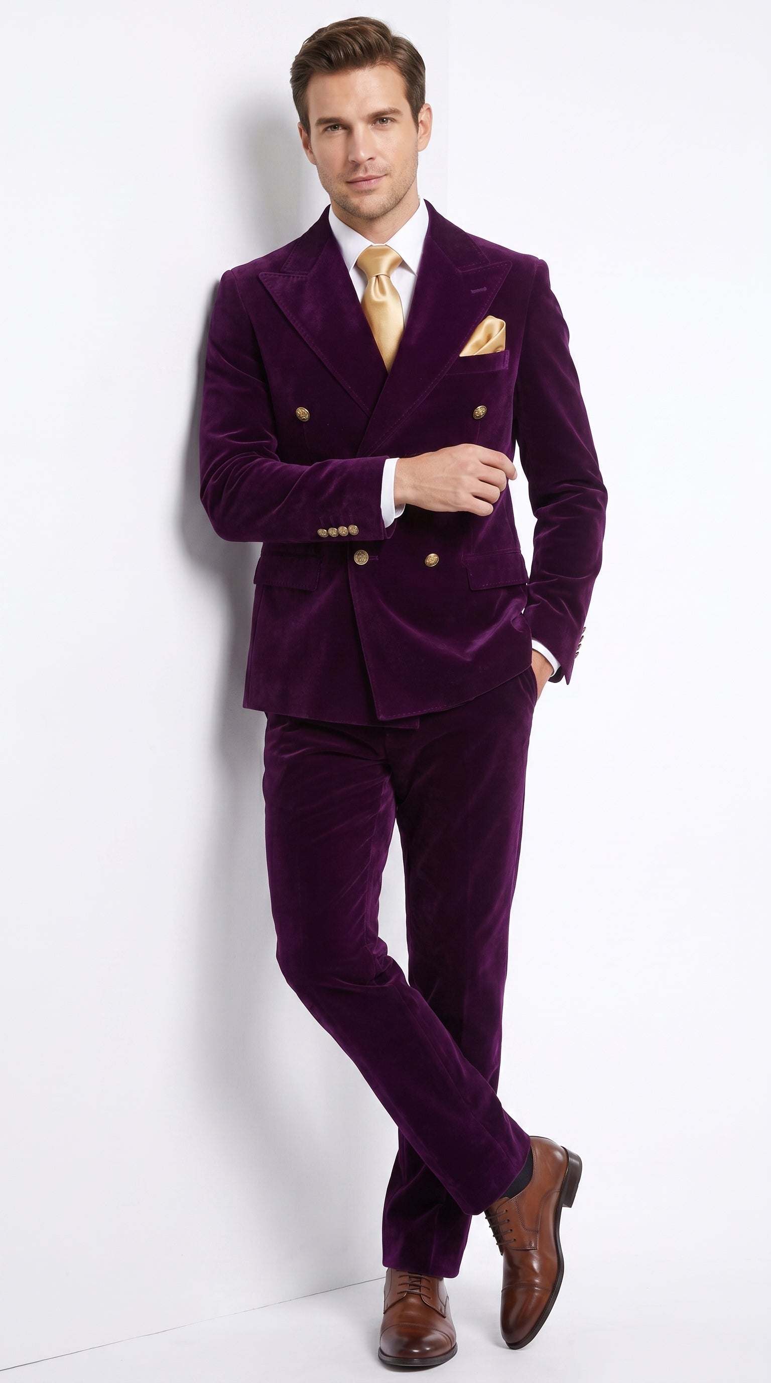 Men’s Rossi Man Zeus Purple Velvet Double Breasted Tuxedo Suit, Formal Wedding Prom Dinner Suit Set - 34 Short or Extra Small