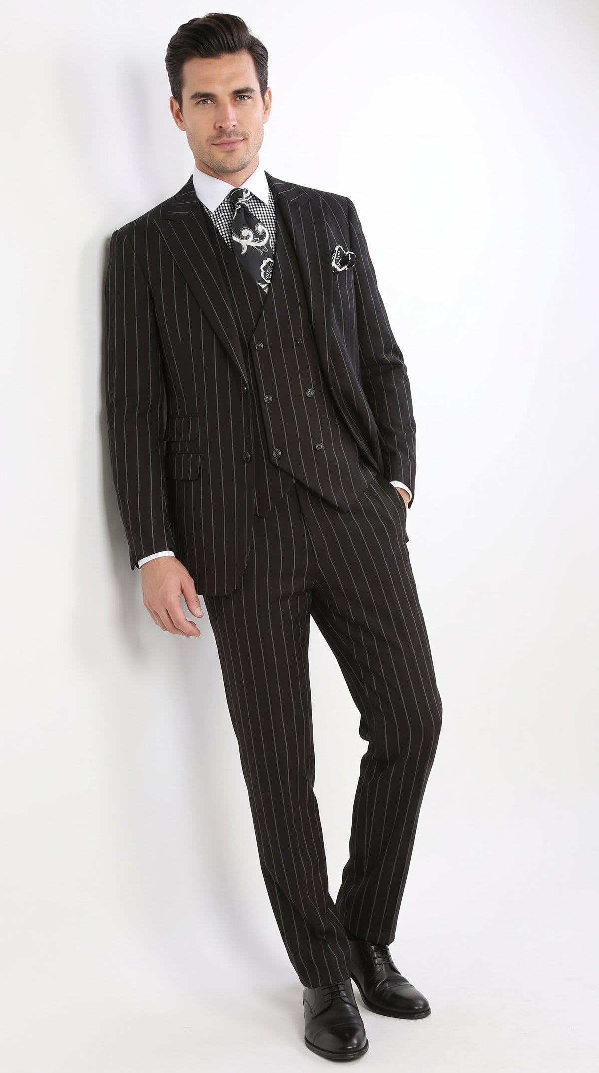 Royal Diamond Men’s Black Pinstripe 3-Piece Suit – Classic Wedding, Business and Formal Suit with Vest