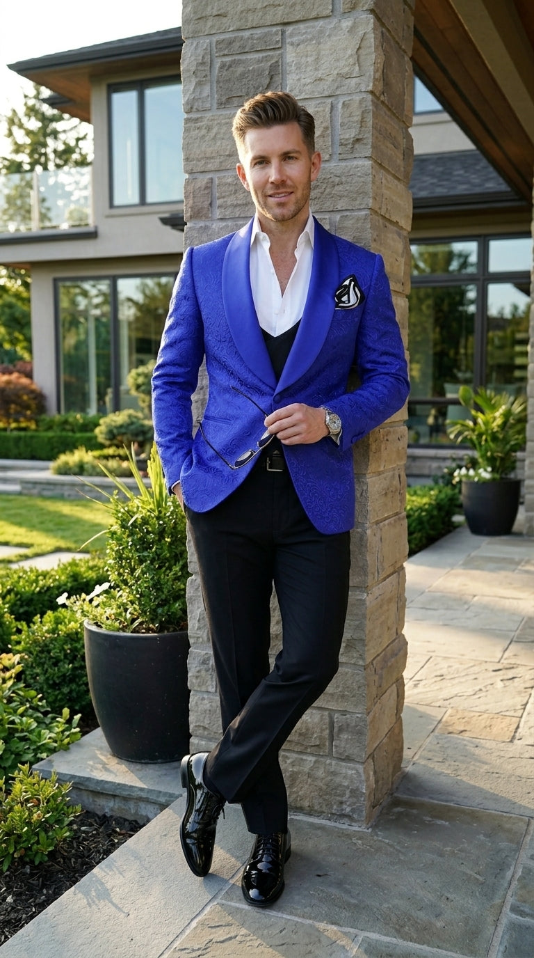 Men’s Royal Blue Prom Tuxedo Jacket, Textured Shawl Lapel Homecoming and Wedding Formal Blazer