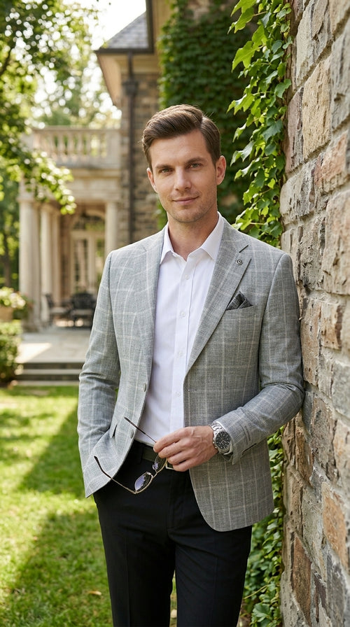 Stacy Adams Men’s Light Gray and Blue Textured Windowpane Sport Coat, Hybrid Fit Business Casual Blazer