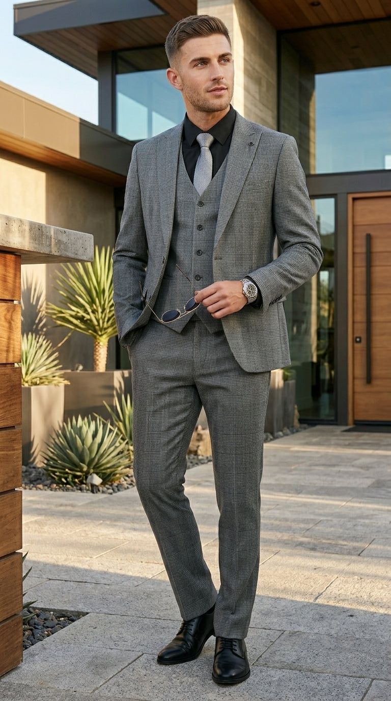 Stacy Adams Men’s 3 Piece Glen Check Hybrid Fit Suit, Formal Wedding Business Suit in Navy, Gray and Brown