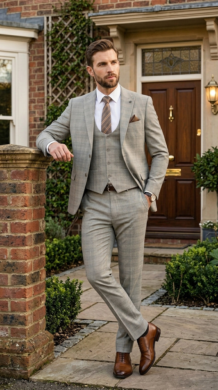Men’s Khaki Glen Plaid Stacy Adams 3 Piece Suit, Two Button Peak Lapel Formal Wedding Suit Set