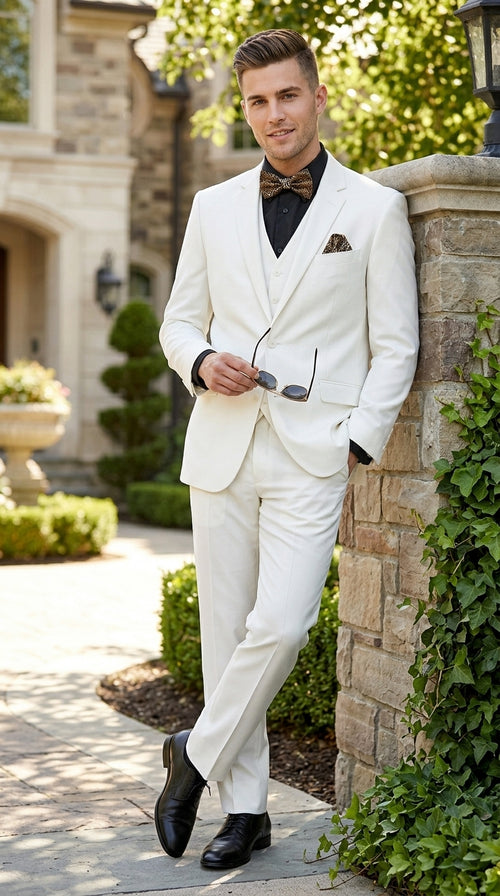 Men’s Off White 100% Wool Vested Suit, Solid Formal Wedding Prom 3 Piece Suit Set